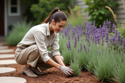 Femme plantant de la lavande dans un jardin naturel