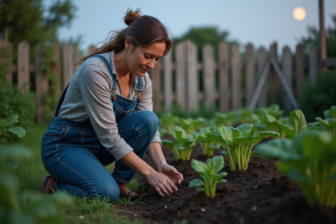 Femme jardinant sous lune dans un jardin luxuriant
