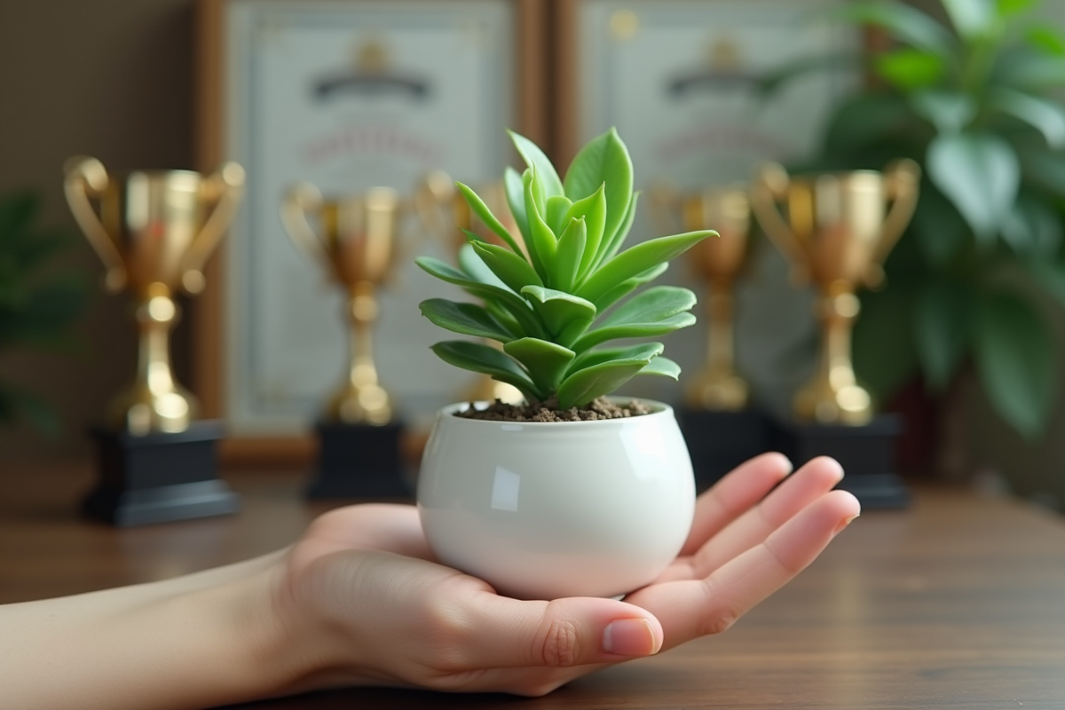Main tenant une plante de jade dans un pot blanc