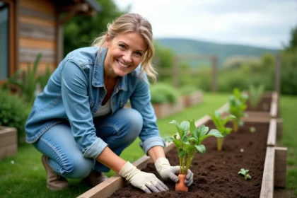 Femme souriante plantant une patate douce dans le jardin