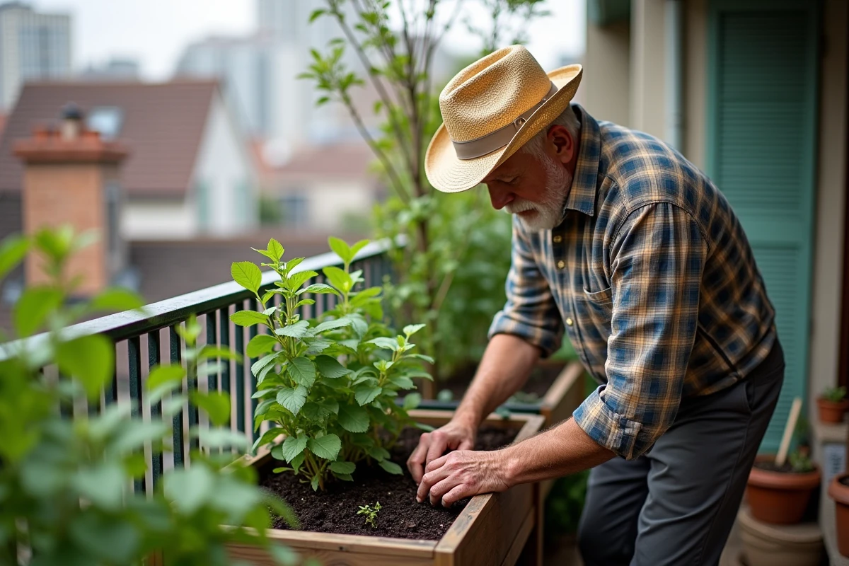 Homme age plantant des haricots sur un balcon urbain