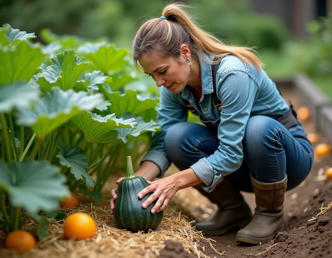 Jardinier examinant une plante de Citrouille Bleu dans un potager en permaculture avec paillis de paille