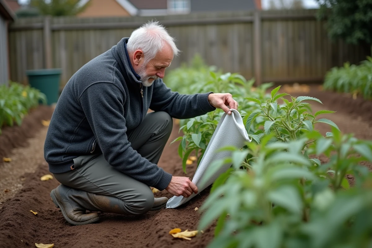 Jardinier vérifiant la température sous un voile de protection hivernale sur des plants de tomates dans un jardin ouvrier