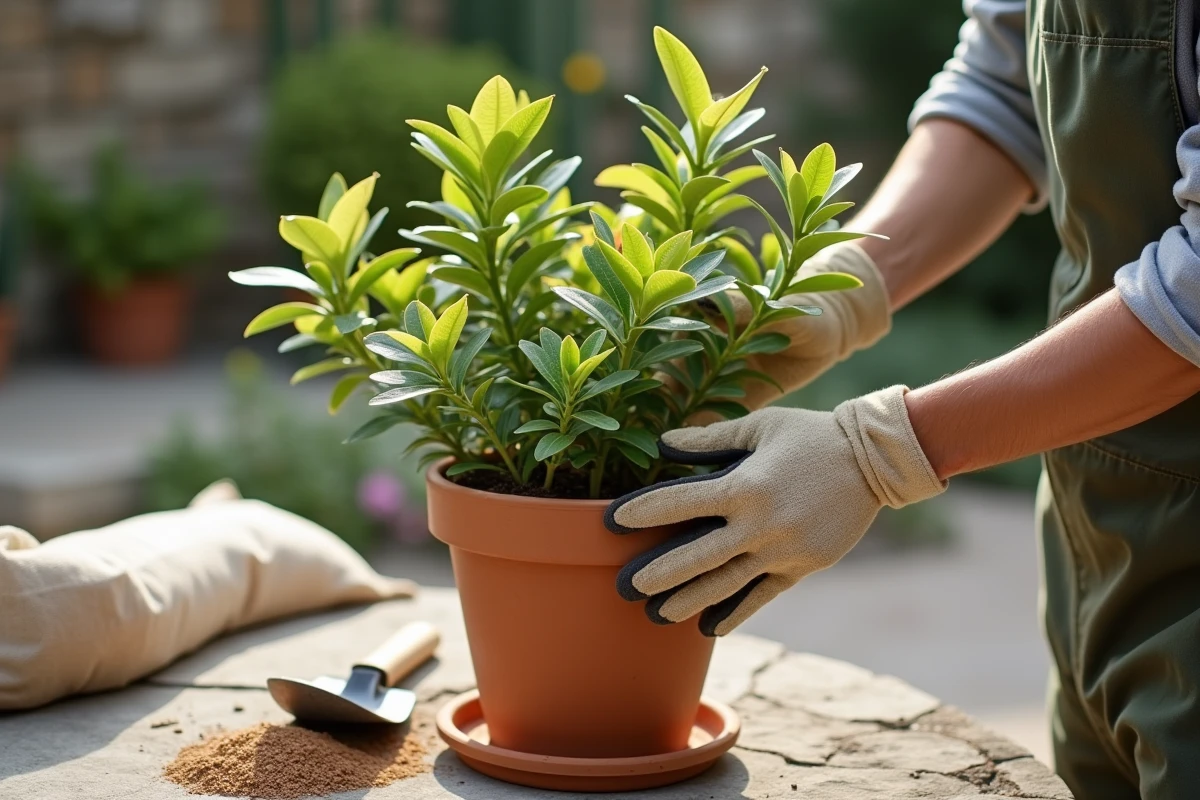 Jardinier examinant un laurier rose en pot avec des feuilles jaunissantes sur une table en pierre