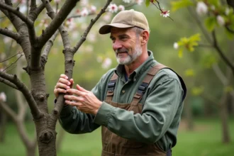 Homme jardinier appliquant une pâte protectrice sur un prunus