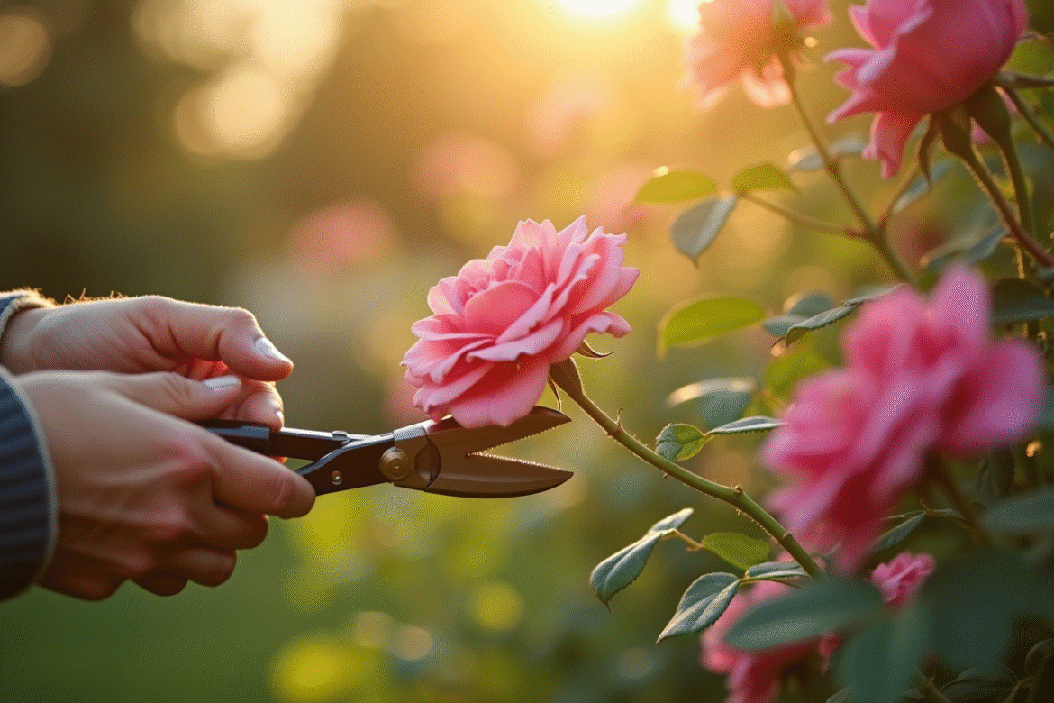 Mains de jardinier taillant une rose en plein soleil