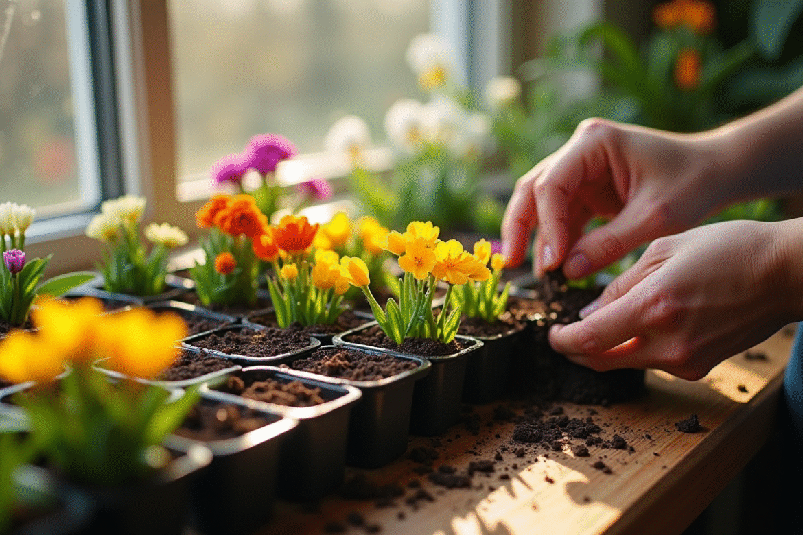 Mains de jardinier semant des graines de fleurs colorées sur un rebord de fenêtre