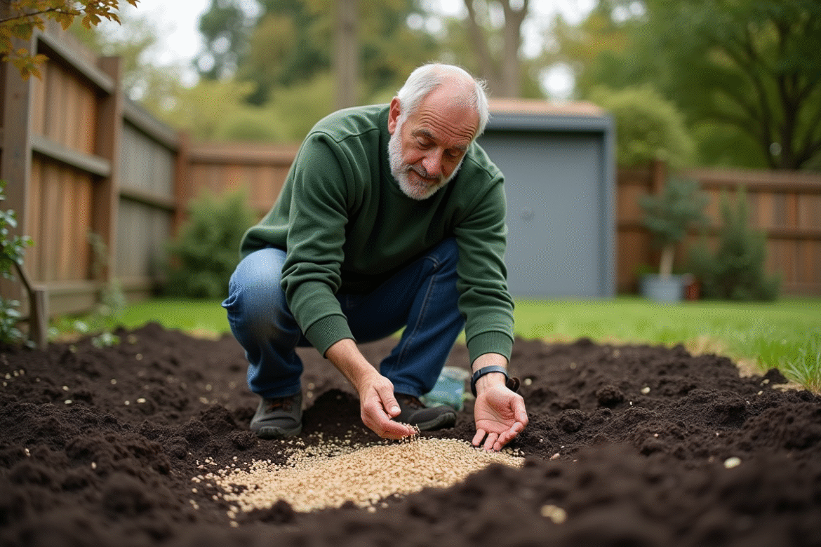 Homme en jeans et pull vert semant des graines dans un jardin
