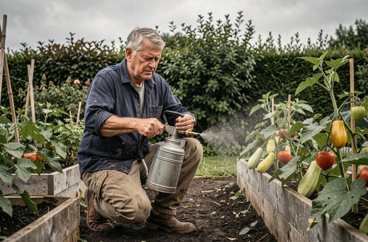 Jardinier appliquant un traitement naturel alternatif au purin de sureau sur des plants de tomates et de courgettes