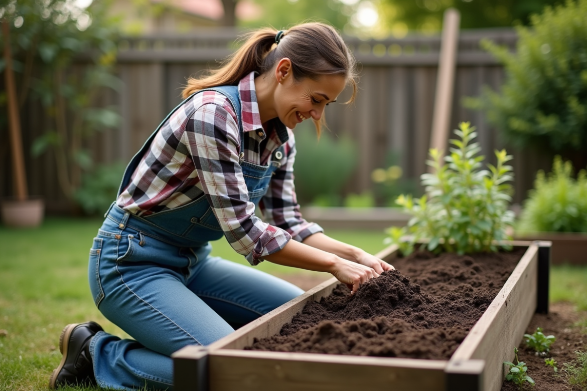 Femme en salopette travaillant le compost dans le jardin