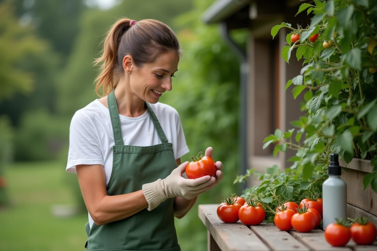 Femme jardiniière examinant une tomate atteinte de taches noires avec un traitement maison