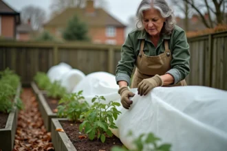 Femme jardinière installant un voile de forçage sur des plants de tomates en automne dans un potager en carrés