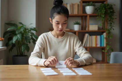 Jeune femme arrangeant des cartes de fleurs sur une table
