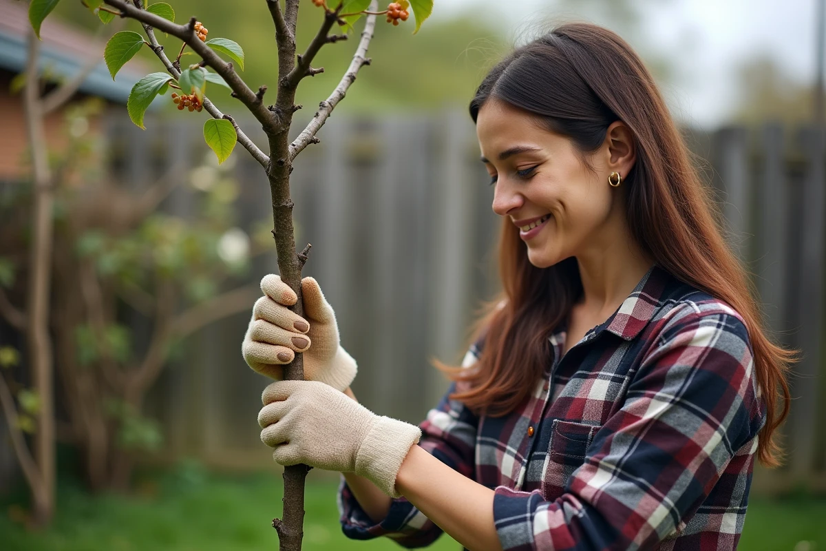 Femme inspectant un jeune prunus dans un jardin résidentiel