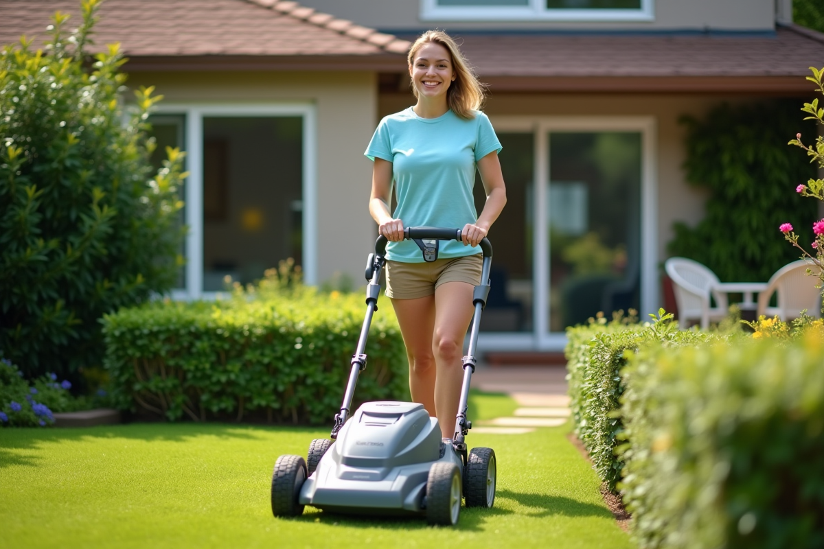 Jeune femme guidant une tondeuse électrique dans son jardin