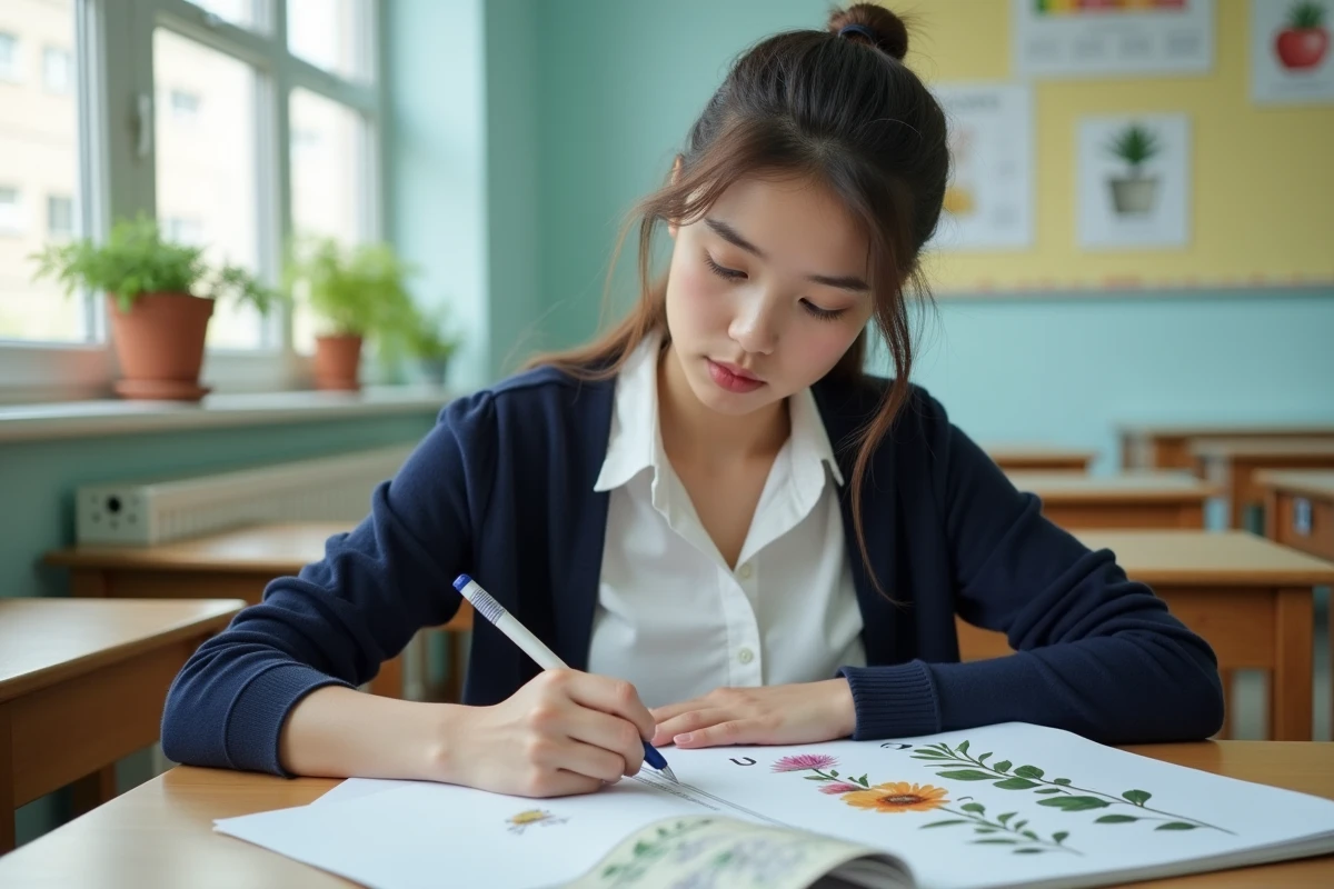 Jeune femme étudie un poster de fleurs dans une salle lumineuse