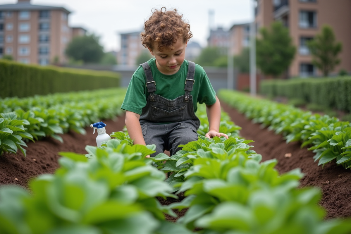 Adolescent arrosant des haricots verts dans un jardin urbain
