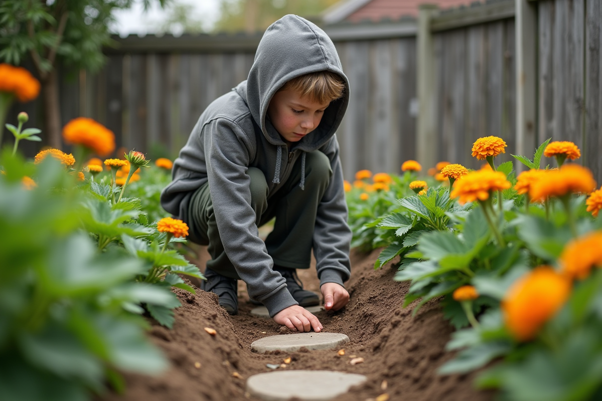 Adolescent inspectant des plantes dans un jardin de fraises