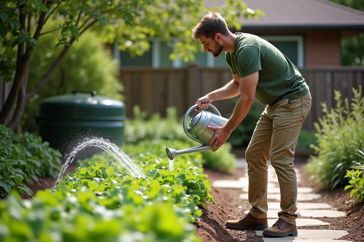 Jeune homme arrosant des légumes dans un jardin avec récupérateur d