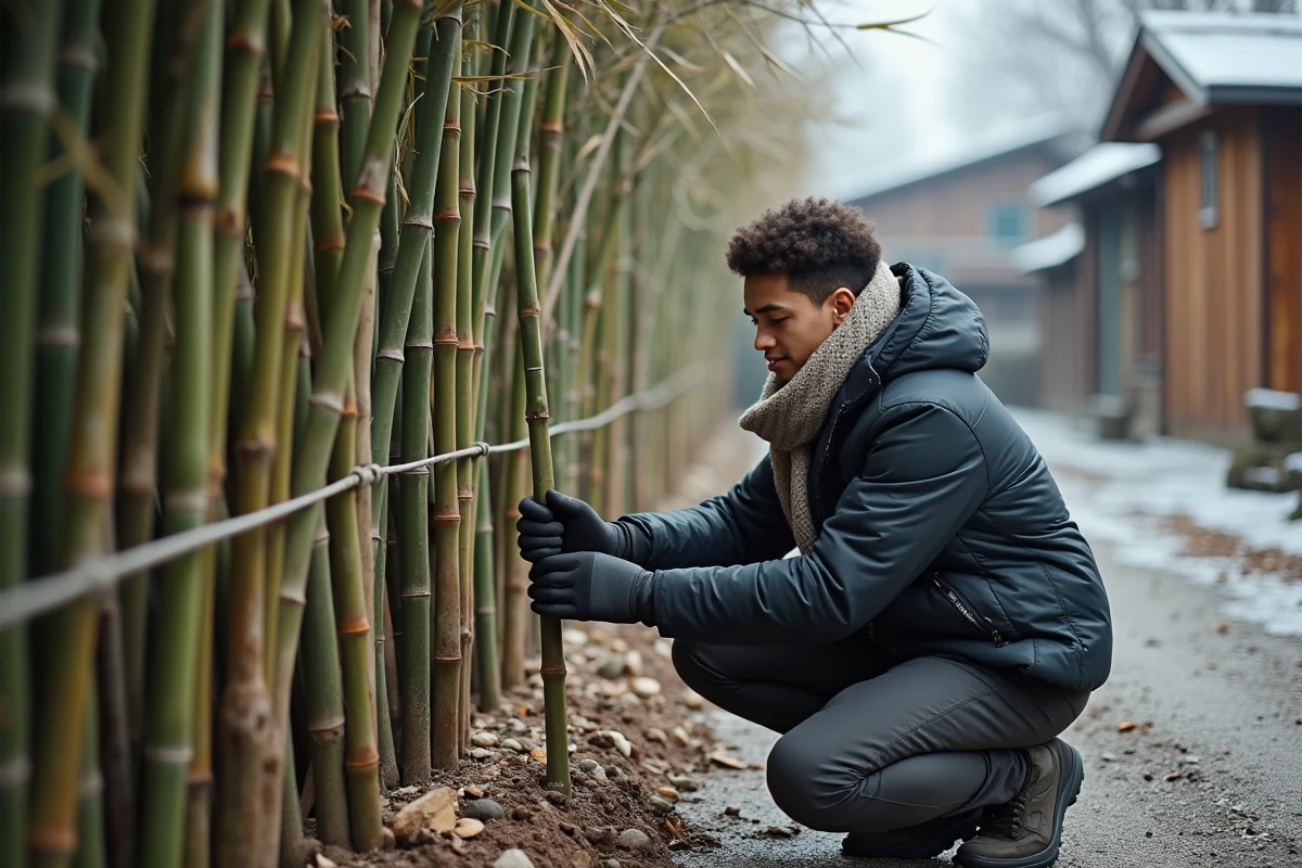Jeune homme vérifiant la stabilité d un bambou dans un jardin rural