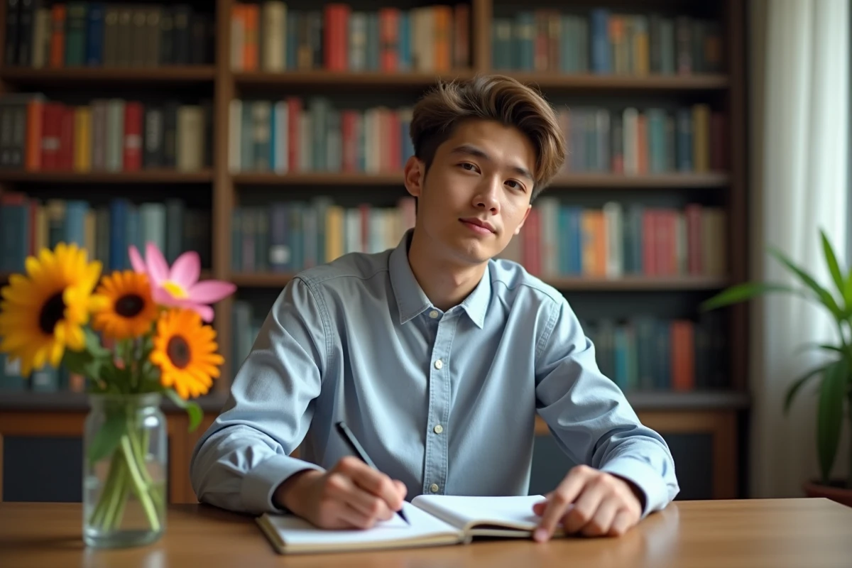 Jeune homme écrivant à son bureau avec fleurs et livres
