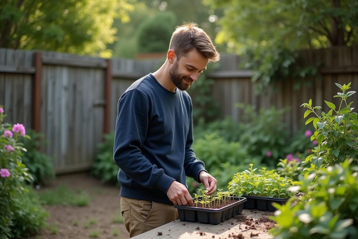 Jeune homme examinant des plants dans un jardin extérieur