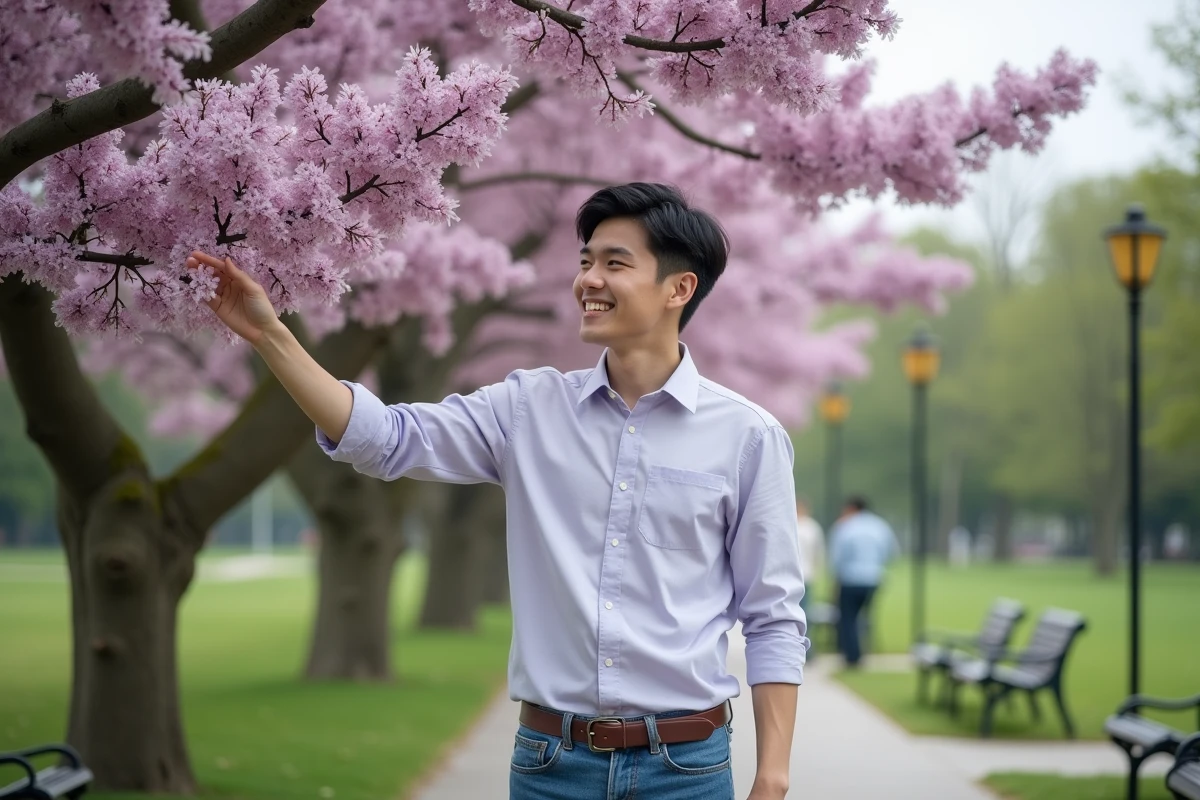 Jeune homme pointant des fleurs de lilas dans un parc