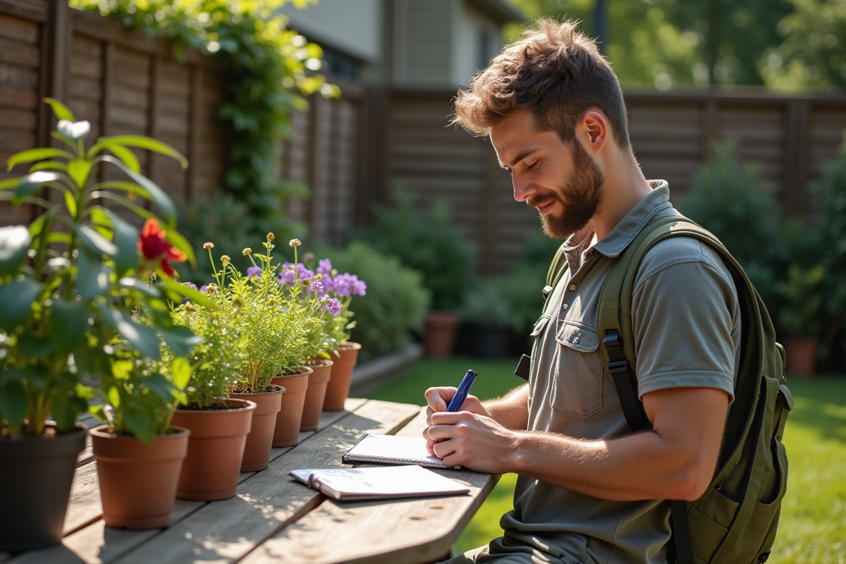 Jeune homme mesurant le sol avec un appareil numérique