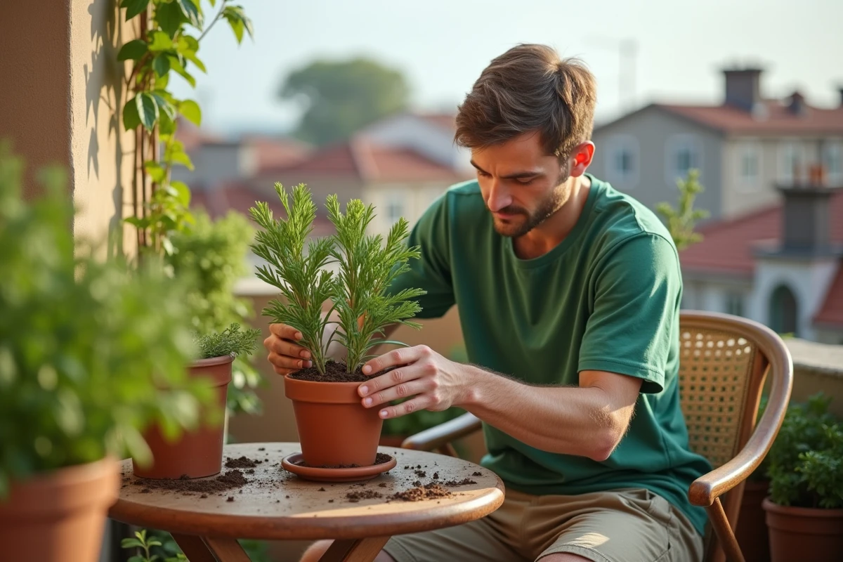 Jeune homme plantant des branches de laurier dans un pot