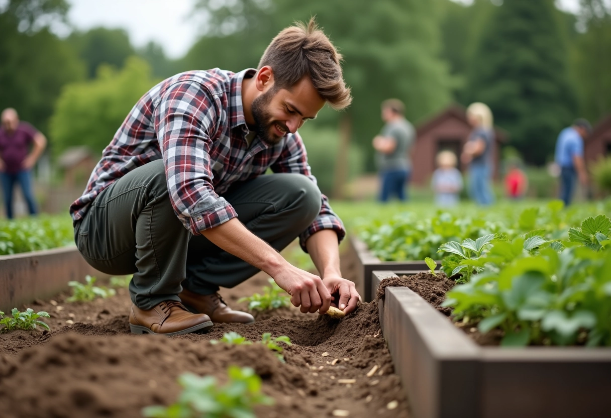 Jeune homme marquant les rangs de patates douces dans le jardin