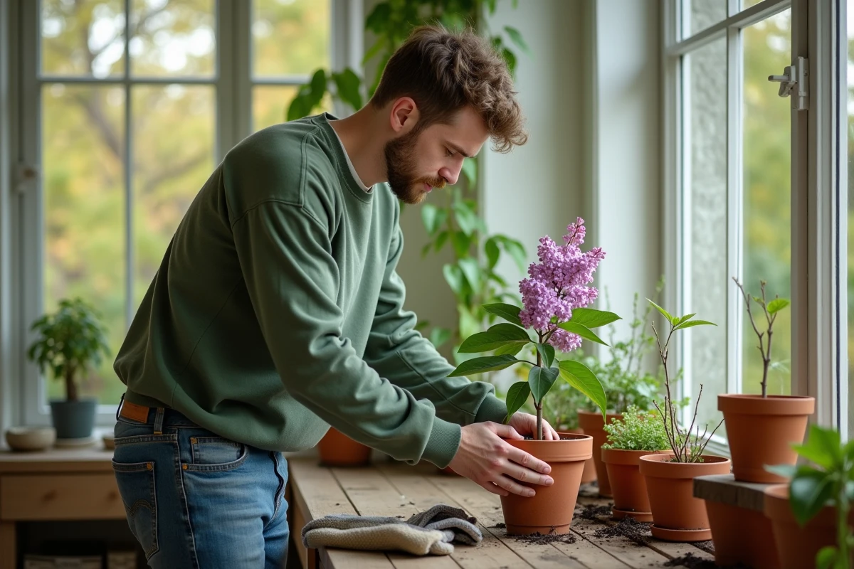Jeune homme plantant un lilas dans un salon lumineux