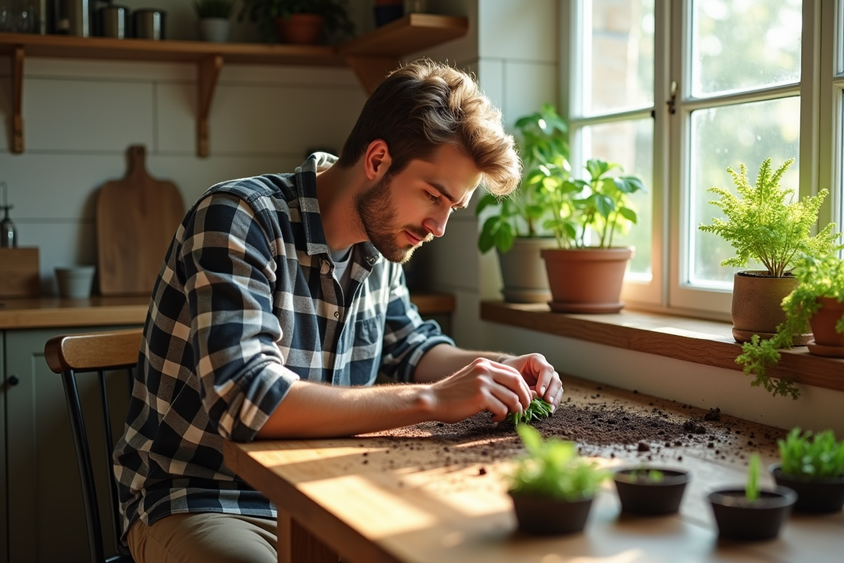 Jeune homme plantant des graines de zucchini en intérieur