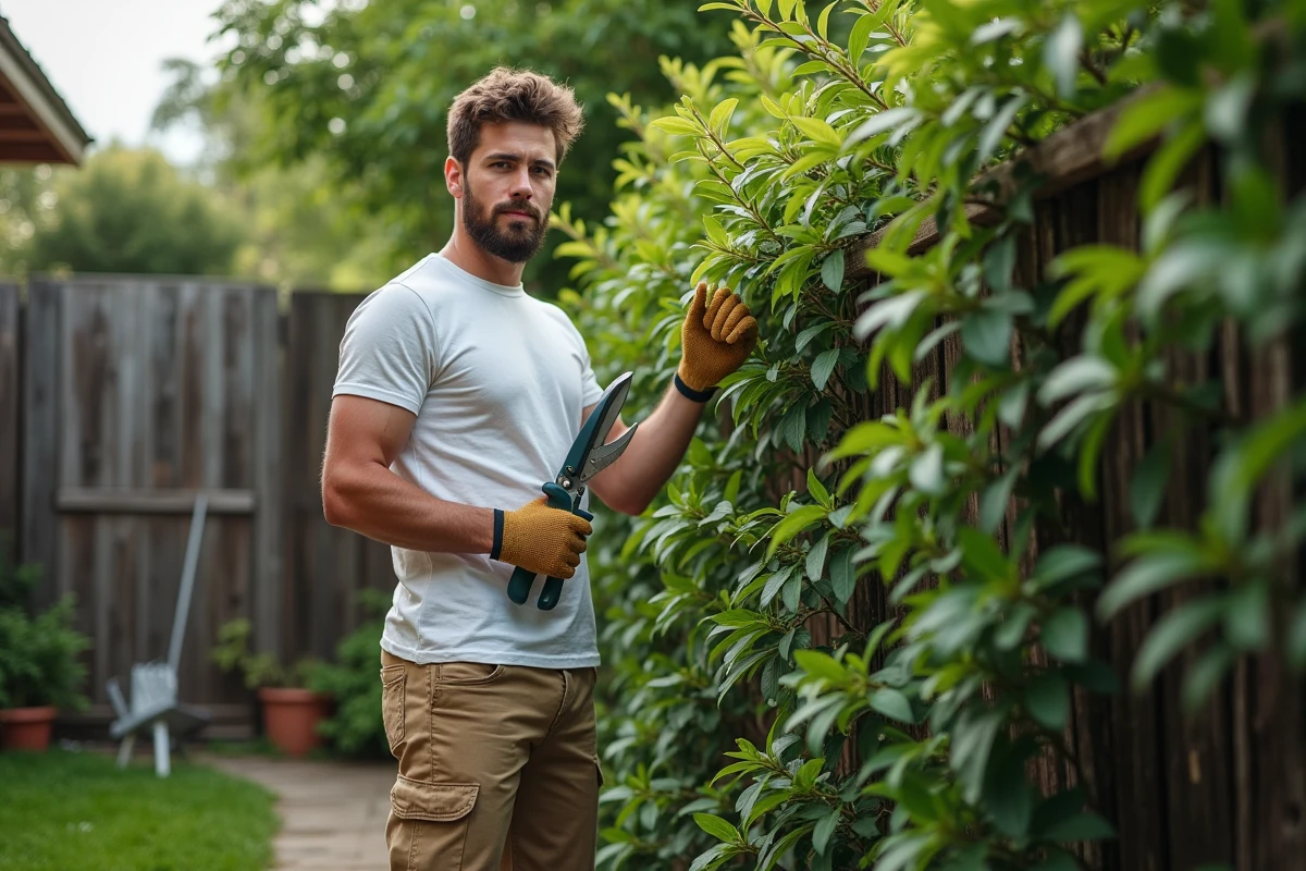 Jeune homme taillant une glycine dans le jardin