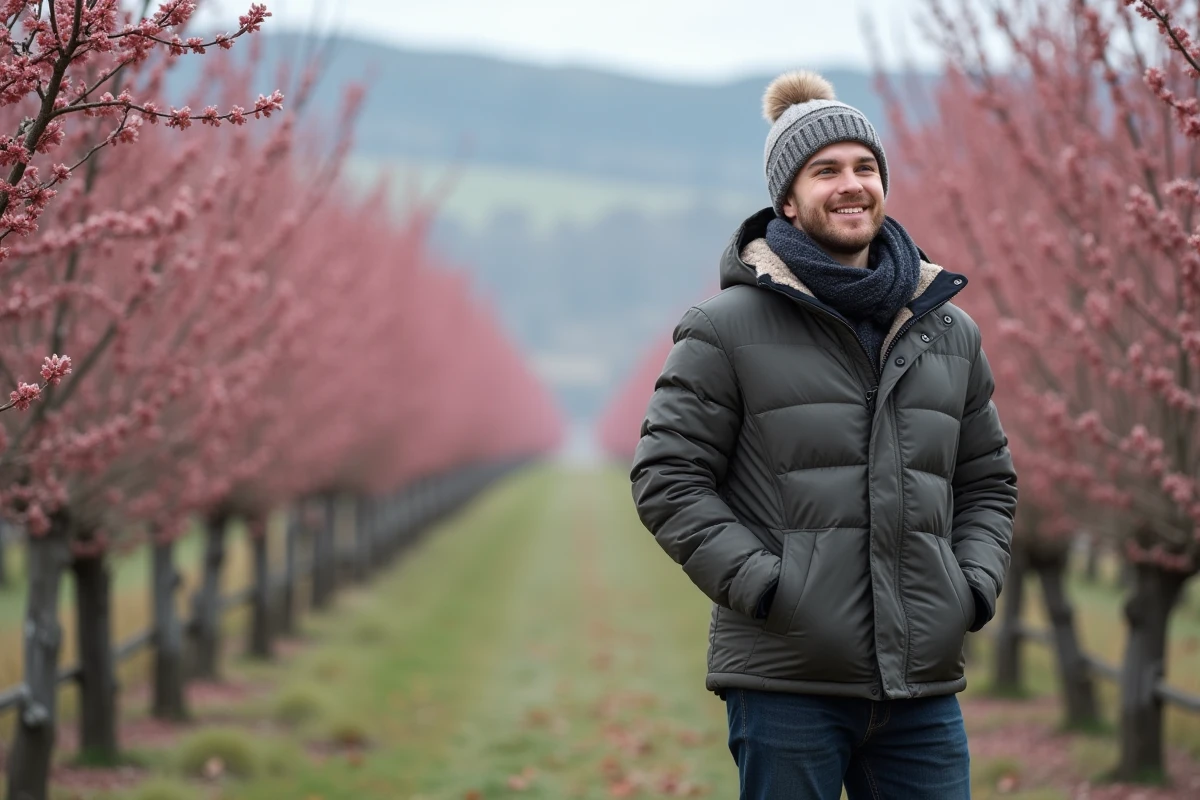 Jeune homme dans un verger hivernal avec des arbres à feuillage rose
