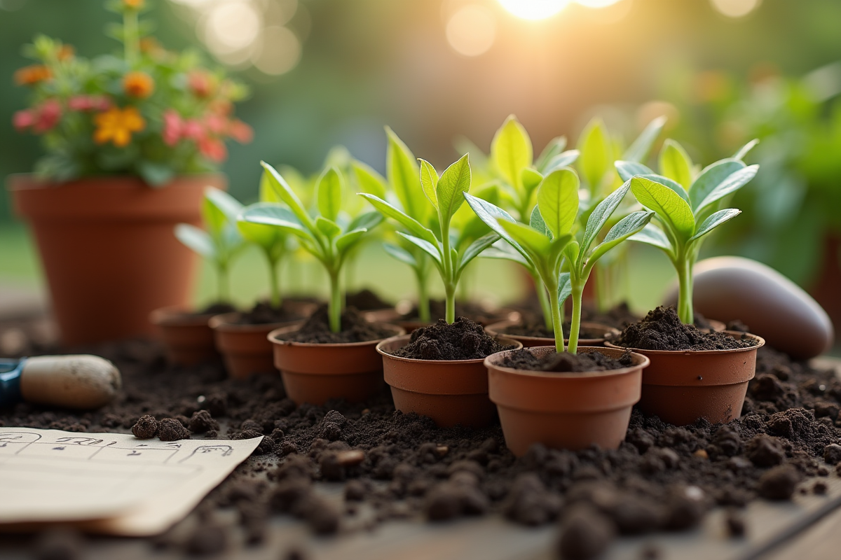 Jeunes plants de fleurs dans des pots biodégradables avec outils de jardinage