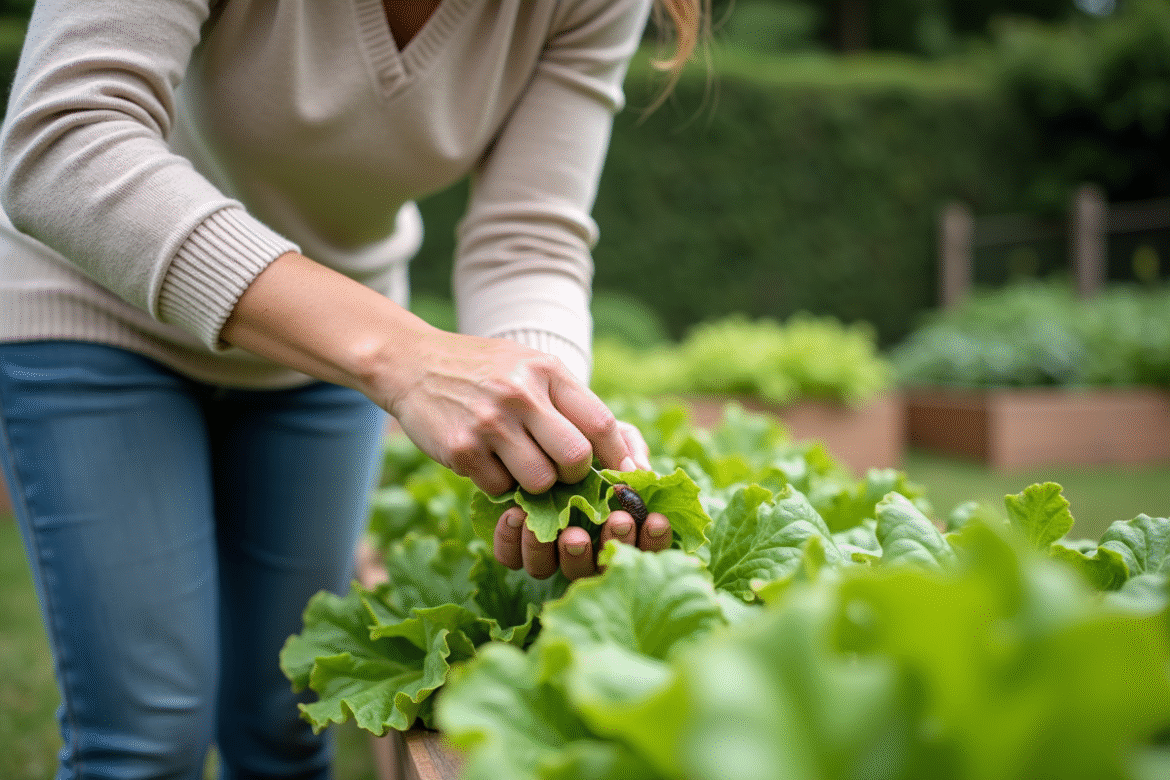 Femme inspectant une laitue dans un jardin bio