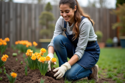 Femme souriante plantant des bulbes de ranunculus dans son jardin