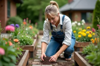 Femme en salopette de denim dans un jardin en fleurs
