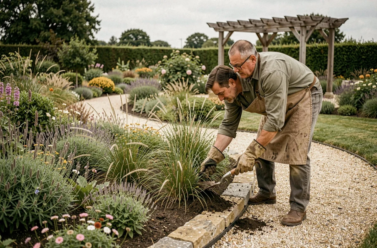 Paysagiste de Lacampagne EURL plantant des graminées ornementales le long d'une bordure de jardin dans les Landes