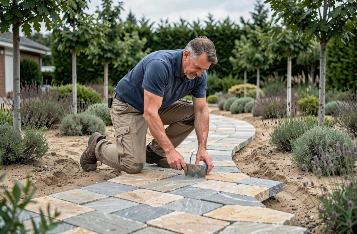 François Lataste posant des dalles en pierre naturelle le long d'une allée de jardin dans les Landes