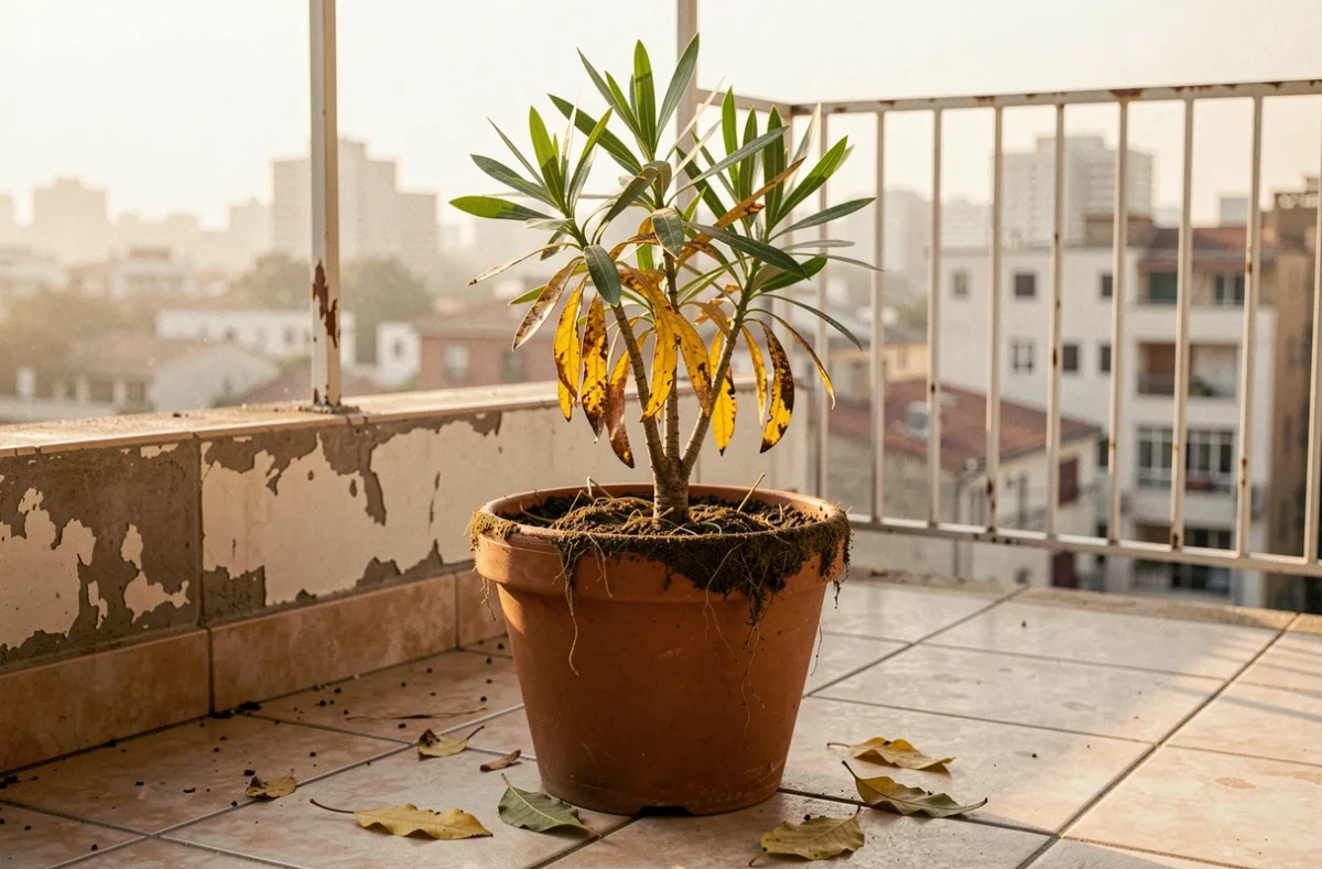 Laurier rose en pot sur balcon urbain avec feuillage jaune et sol sec en plein été
