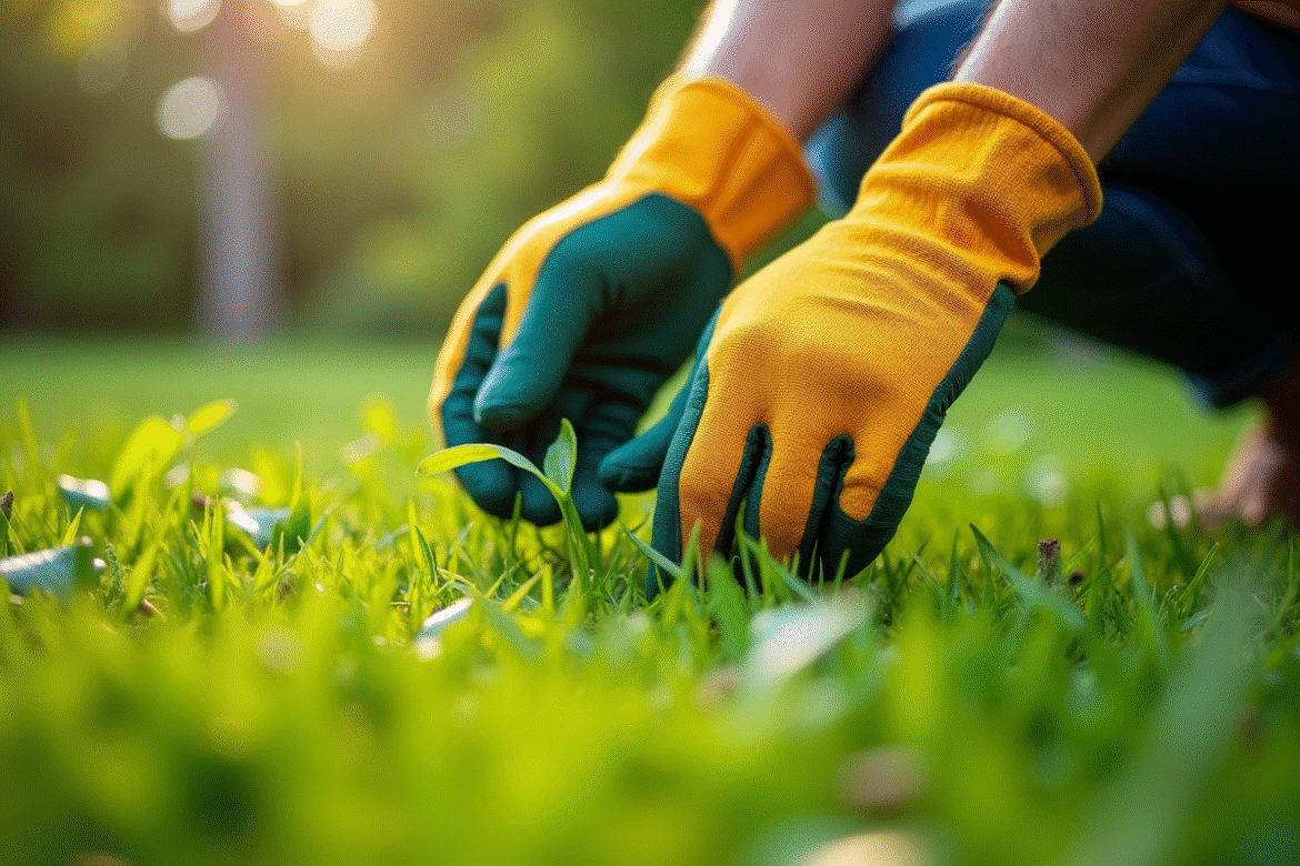 Mains portant des gants de jardinage arrachant des mauvaises herbes