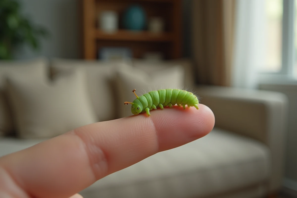 Main d'adulte tenant une petite chenille verte du bout du doigt dans un salon