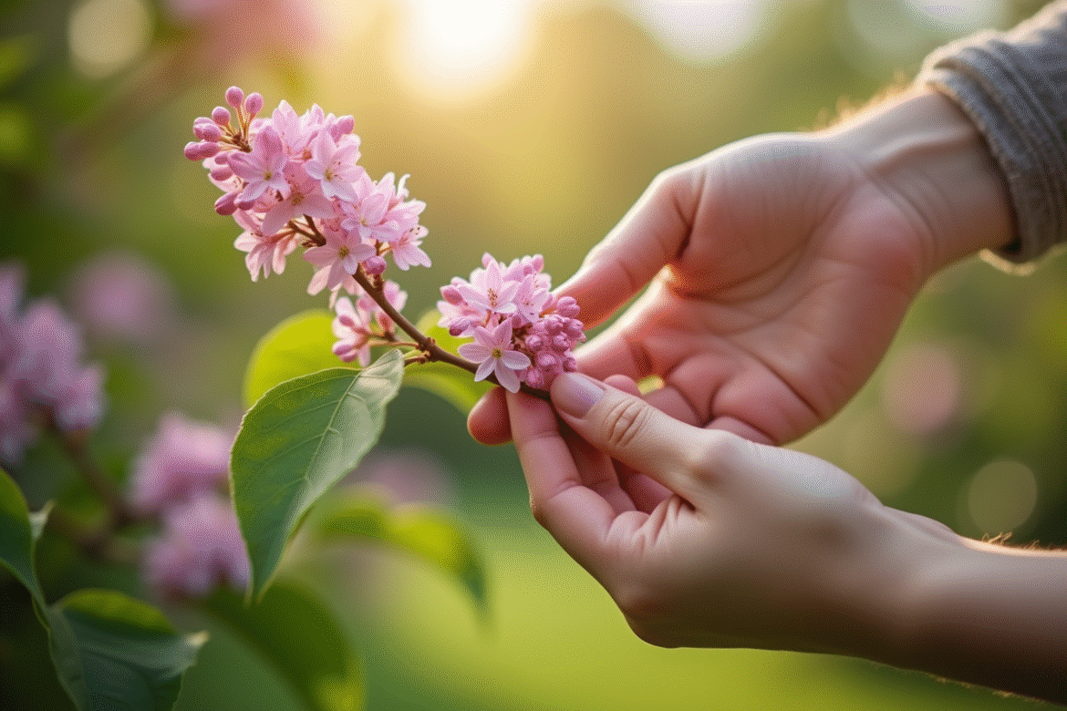 Mains tenant délicatement une branche de lilas en extérieur