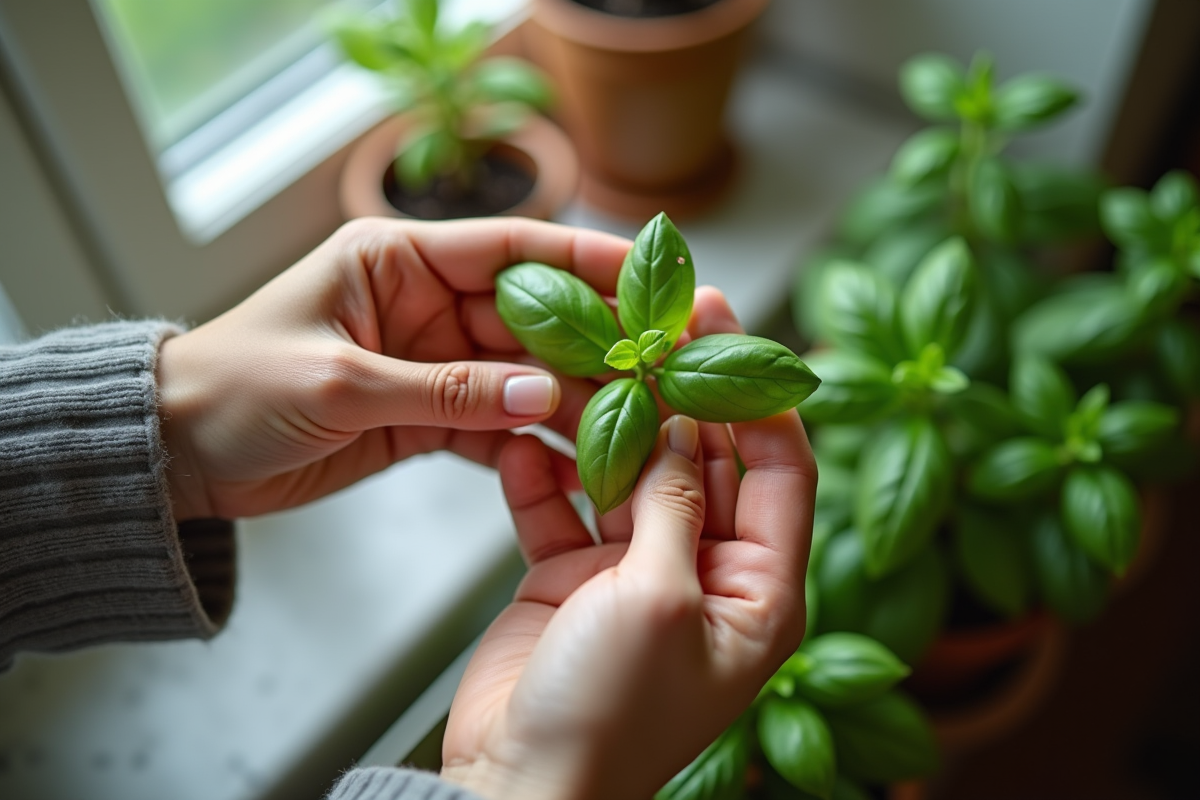 Mains examinant une feuille de basilic avec insectes