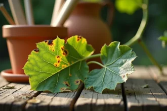 Feuilles de figuier atteintes par une maladie fongique avec taches brunes et jaunissement, posées sur une table de jardin en bois
