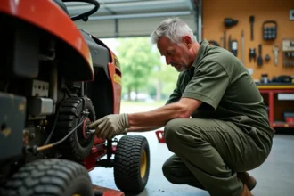 Mécanicien inspectant le câble d'embrayage de lame sur un tracteur tondeuse dans un garage