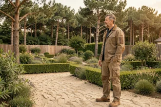 Paysagiste professionnel inspectant un jardin soigné dans les Landes, entouré de pins maritimes et de végétation locale