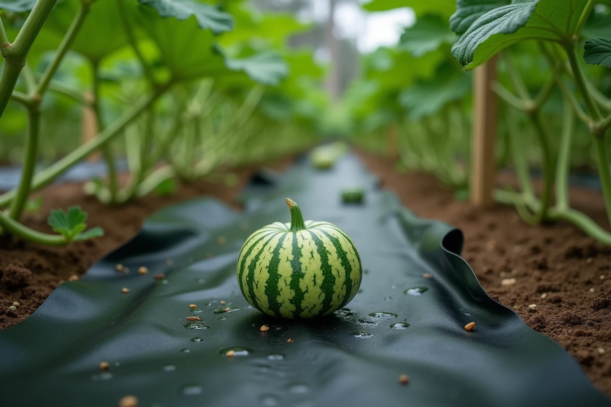 Fruit de melon en développement reposant sur un film de paillage plastique noir dans un potager avec des rangs de légumes