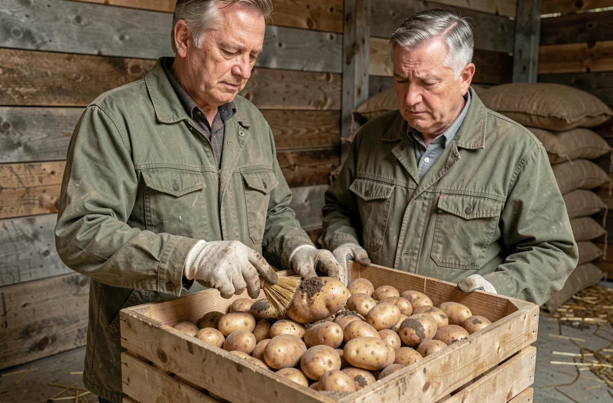 Agriculteur nettoyant des pommes de terre après la récolte dans une remise agricole rustique avec des caisses en bois